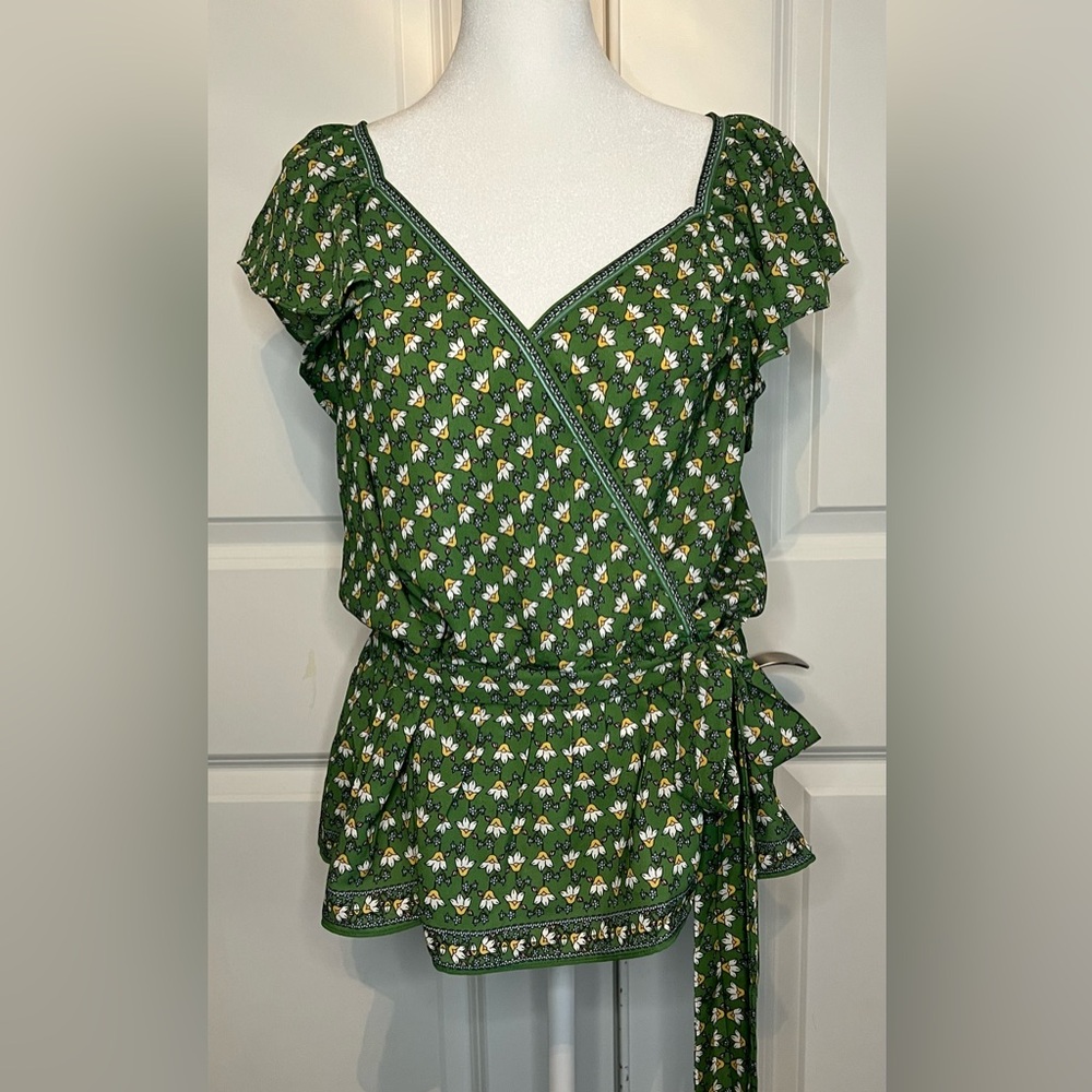 Max Studio Green Floral Wrap Blouse